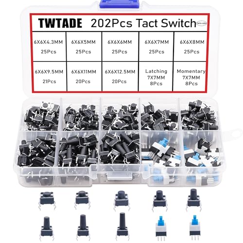 TWTADE 202PCS Micro Momentary Tactile Push Button Switch Assortment Kit 10 Values 4 Pins 6x6mm & 7x7mm Tact Switches