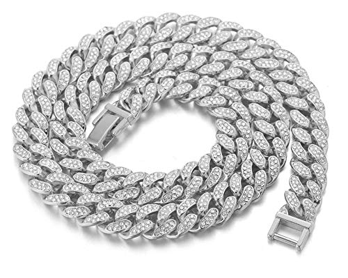 Halukakah Cuban Link Chain for Men Iced Out,15MM Men's Gold Chain Miami Choker Necklace 18In(45cm) Platinum White Gold Finish,Full Cz Diamond Cut Prong Set,Gift for Him