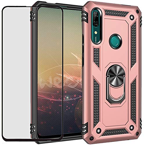 DuoLide for Huawei P Smart Z / Y9 Prime 2019 Case with Tempered Glass Screen Protector,Hybrid Heavy Duty Dual Layer Anti-Scratch Shockproof Defender Kickstand Armor Case Cover, Pink