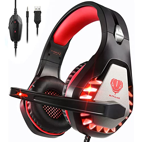 Awinnasey Gaming Headset with Microphone for PC PS4 Headset Xbox One Headset Over Ear Headset for PS5 Switch Noise Cancelling Headphones with Mic & LED Lights for Kids Adults Red