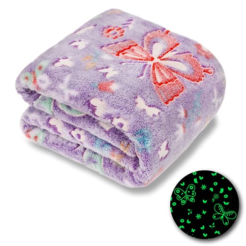 FORESTAR Glow in The Dark Blanket for Girls Boys, Christmas Birthday Gifts for Kids, Soft Warm Furry Throw Blanket, 50'×60', Butterfly, Purple