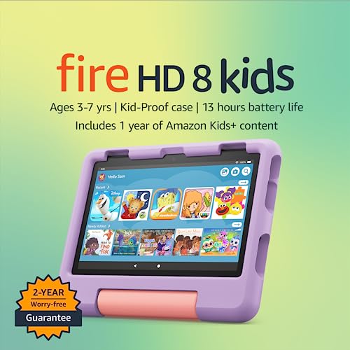 Amazon Fire HD 8 Kids tablet, ages 3-7. Top-selling 8' kids tablet on Amazon - 2022 | ad-free content with parental controls included, 13-hr battery, 32 GB, Purple
