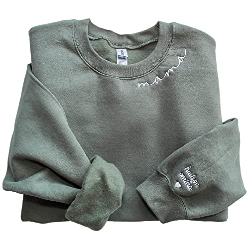 NAZENTI Custom Mama Embroidered Sweatshirt With Kids Names Sleeve-New Mom Personalized, Mama Sweatshirt Women Embroidery Mom Life, Birthday Christmas Mom Mommy