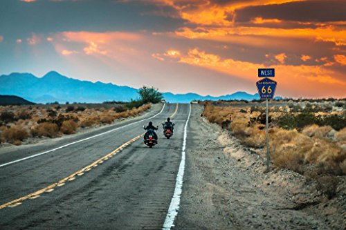 Biker Riding Motorcycle Sunset on Route 66 Photo Photograph Beach Palm Landscape Picture Ocean Scenic Tropical Nature Photography Paradise Highway Cool Wall Art Print Poster 36x24