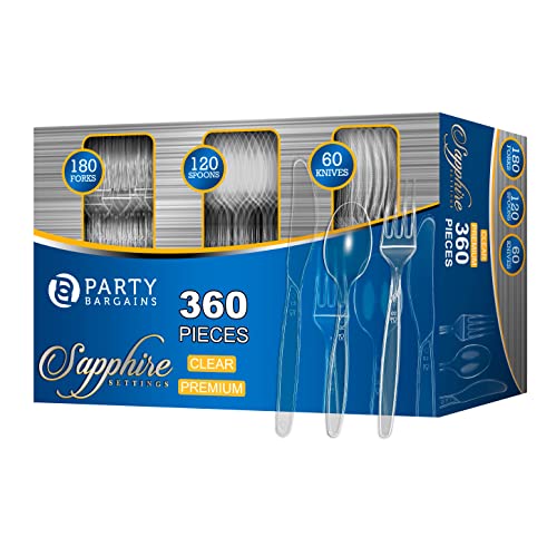 Party Bargains Disposable Cutlery set, SAPPHIRE Design, Clear Color, 360 Pieces: 180 Forks, 120 Spoons, 60 Knives