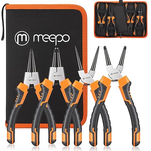 M MEEPO Snap Ring Pliers Set, Heavy Duty 4-piece 7-Inch Internal External Circlip, Straight Bent C-clip Pliers Lock Pliers, 5/64' Tip, for Ring Remover Retaining, with Portable Pouch