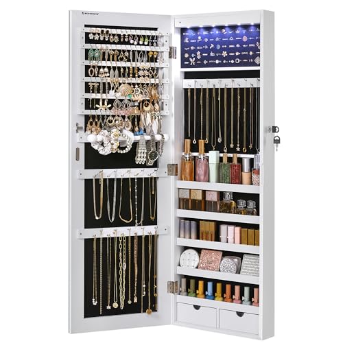 SONGMICS Hanging Jewelry Cabinet, Wall-Mounted Cabinet with LED Interior Lights, Door-Mounted Jewelry Organizer, Full-Length Mirror, Gift Idea, Mother's Day Gifts, White UJJC99WT