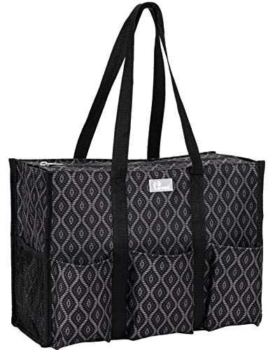 Pursetti Utility Tote with Pockets & Compartments-Perfect Nurse Tote Bag, Teacher Bag, Work Bags for Women & Craft Tote (Black Trellis)