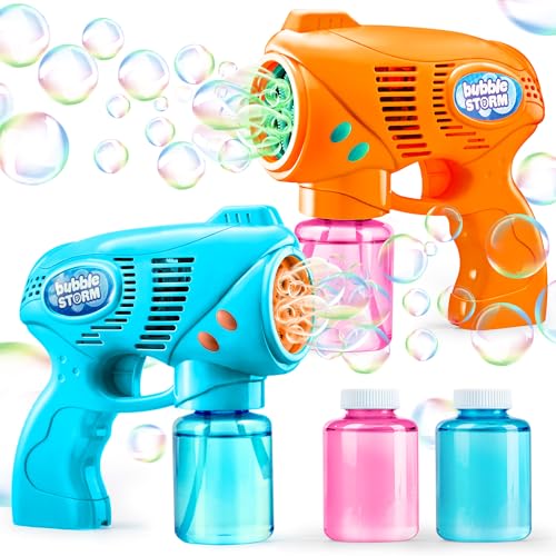 JOYIN 2 Bubble Guns with 2 Bubble Refill Solution (10 oz Total), Automatic Bubble Maker Blower Machine for Kids, Toddlers, Outdoors, Party, Birthday Gift, Easter Bubble Toys (Blue, Orange)