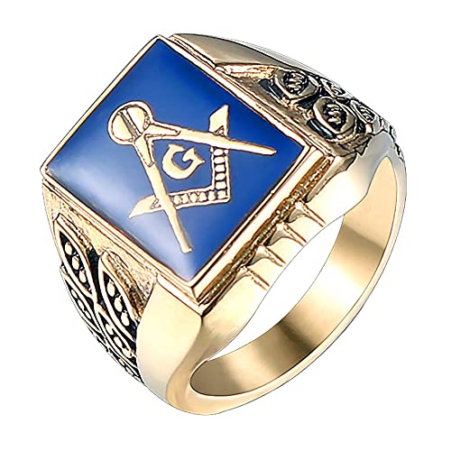 ANIEJUFI Men's Stainless Steel Gold Plated Freemason Masonic Rings Blue Master Mason Signet Biker Band Size 10