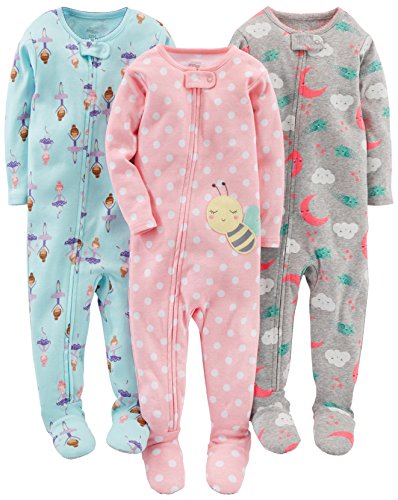Simple Joys by Carter's Girls' 3-Pack Snug Fit Footed Cotton Pajamas, Ballerina/Bees/Moon, 18 Months