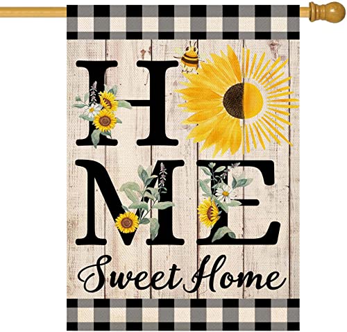 ORTIGIA Summer Sunflowers Sunshine House Flag Burlap Vertical Double Sided Home Sweet Home Flag Spring Farmhouse Rustic Buffalo Check Plaid Bee Home Decor for Yard Lawn Patio Outdoor 28x40INCH