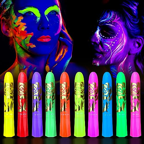 10 Color Glow in The Dark Face Paint,UV and Black Light Neon Face and Body Painting Set Mardi Gras Halloween Masquerade Black Light Birthday Party Masquerade Party Supplies (10 COLORS)