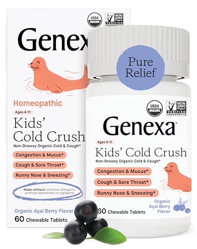 Genexa Cold Crush for Children – 60 Tablets | Certified Organic & Non-GMO, Physician Formulated, Homeopathic | Cough & Cold Medicine for Children