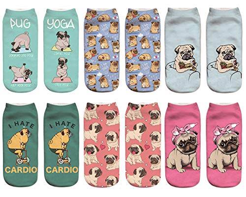 Benefeet Sox Funny Crazy Pug Ankle Socks for Women Girls Socks Fun Cute Silly 3D Dog Print Graphics Character Novelty Pink No Show Liner Socks Dog Pug Gifts for Dog Lovers- 6 Pairs, Pug