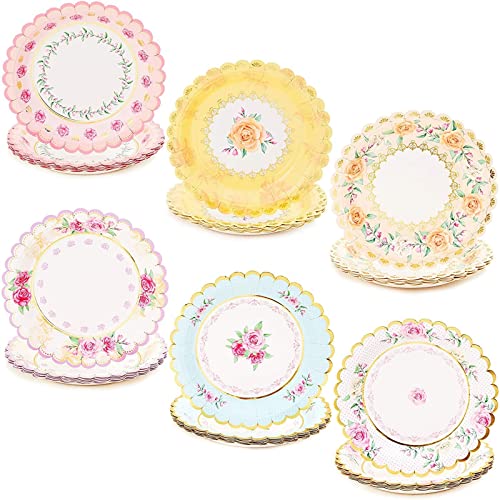 Sparkle and Bash 48 Pack Floral Paper Plates for Baby Shower (7 in)