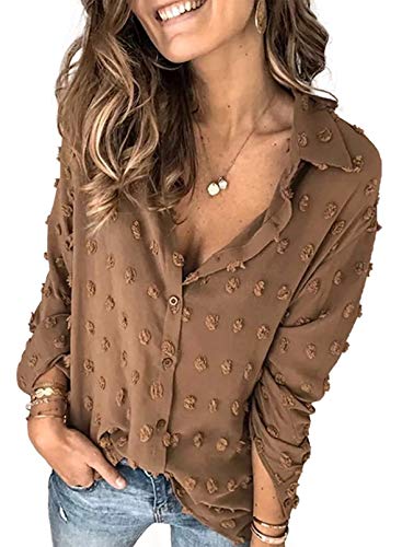 Astylish Womens Lightweight Collared V Neck Shirts Solid Roll Up Sleeve Button Down Pompom Blouse Tops Brown Medium