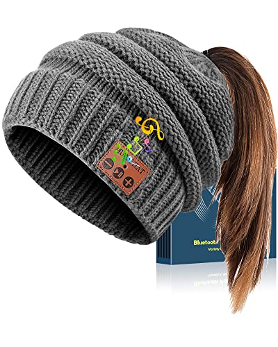AHASTI Bluetooth Beanie for Women with Ponytail Hole, Gifts for Women Music hat Wireless Headphones, Womens Beanie Tech Gifts Girls-Grey