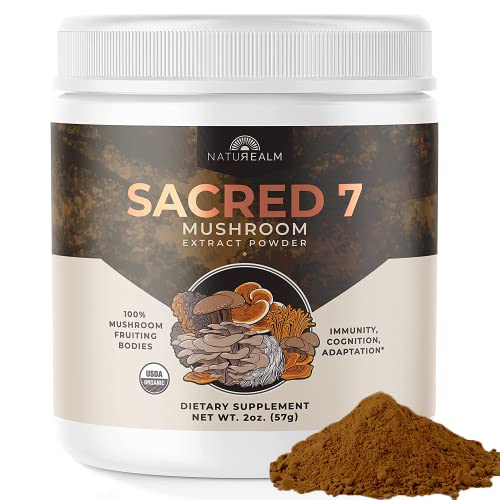 Naturealm - Sacred 7 Mushroom Extract Powder - Lion’s Mane, Cordyceps, Reishi, Turkey Tail, Chaga, Maitake, and Shiitake - 100 Percent Fruiting Bodies, 2oz