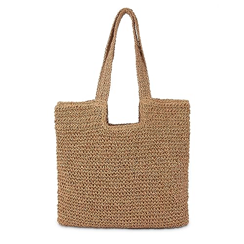 COZYOFFI Straw Beach Tote Bag: Large Summer Boho Woven Bags - Rattan Handmade Shoulder Handbags for Women(Brown)