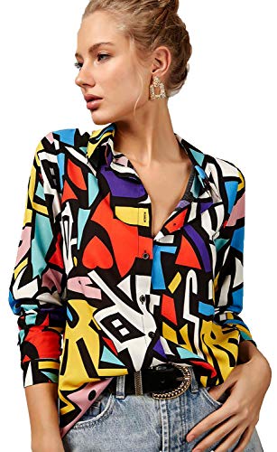 Blouses for Women Fashion, Casual Long Sleeve Button Down Shirts Tops, XS-3XL (Red Yellow Mix Colors, X-Large)