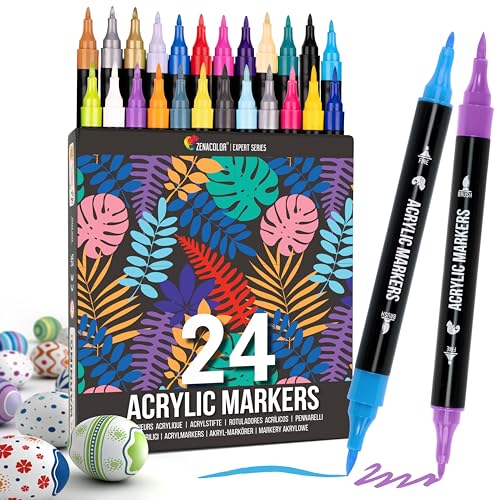 Zenacolor 24 Dual Tip Acrylic Paint Markers for Wood, Canvas, Stone - Crafts, DIY Projects