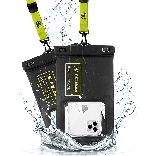 Pelican 2 Pack Marine - IP68 Waterproof Phone Pouch (XL Size) - Floating Waterproof Phone Case - iPhone 15 Pro Max/ 14 Pro Max/ 13 Pro Max/ 12/ S24 Ultra - Detachable Lanyard - Black / Hi-Vis Yellow