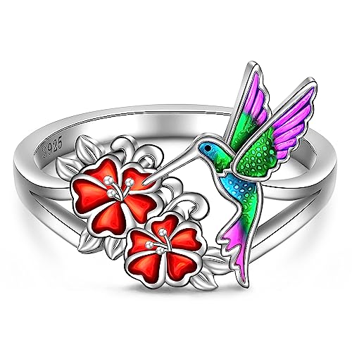 Hummingbird Ring for Women 925 Sterling Silver Green Purple Hummingbird Flower Ring Cute Hummingbirds Bird Finger Rings Jewelry Band Mothers Day Gifts Size 9