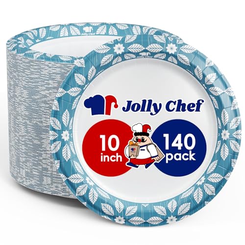 JOLLY CHEF 10 inch 140 Pack Disposable Paper Plates Heavy Duty Printed Paper Plates for Everyday Use, Soak Proof, Cut Proof