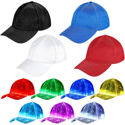ramede 4 Pcs Luminous Glowing Baseball Hats 7 Colors Light up Baseball Cap Led Cap Fiber Optic Hat USB Charging Hats for Concert Club Christmas Halloween Party Men Women, 4 Colors
