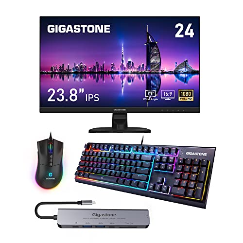 Gigastone Monitor, Wired Gaming Keyboard, Mouse and HUB Deluxe Bundle, 24 inch IPS Gaming LED Monitor 75Hz FHD, 104 Keys Brown Switch Gaming Keyboard, 12000 DPI Gaming Mouse and Multiport Hub