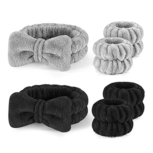 Celosia 6PCS Makeup Headband and WristBand Set, Skincare Spa Headband for Washing Face,Towels Wrist band for Women Girls Prevent Liquid Spilling from Arms (Black+Grey)