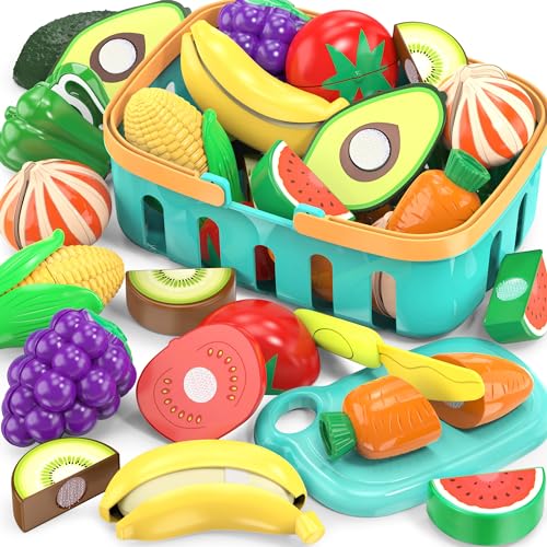 Cutting Play Food Toys For Kids, Pretend Play Kitchen Accessories, Fake Fruits/Vegetables Set With Shopping Storage Basket, Plastic Board And Knife, Birthday Gifts/Educational Toy For Toddler Children