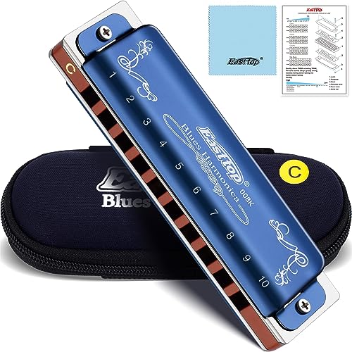 East top Harmonica, Diatonic Blues Harmonica Key of C, Blues Harp Mouth Organ Harmonica 10 Holes 008K with Blue Case, Standard Harmonica For Adults, Professionals, Beginners and Students, as a Gift