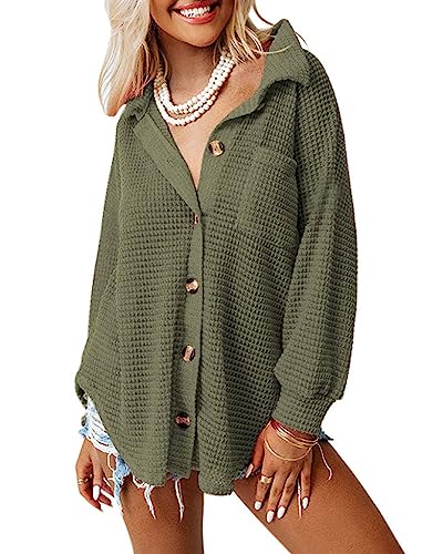 Dokotoo Women's Waffle Knit Shacket Long Sleeve Solid Color Button Down Shirts Boyfriend Loose Fit Batwing Sleeve Blouses for Women Green X-Large