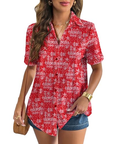 Zeagoo Women's Short Sleeve Bohemian Shirt Floral Red Linen Button Down Tops Tropical Hawaiian Blouses Boho Floral Red