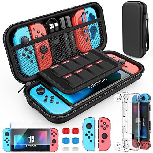 HEYSTOP Switch Case Compatible with Nintendo Switch, 9 in 1 Switch Accessories kit with Carrying Case, Dockable Protective Case, HD Screen Protector and 6pcs Thumb Grips Caps