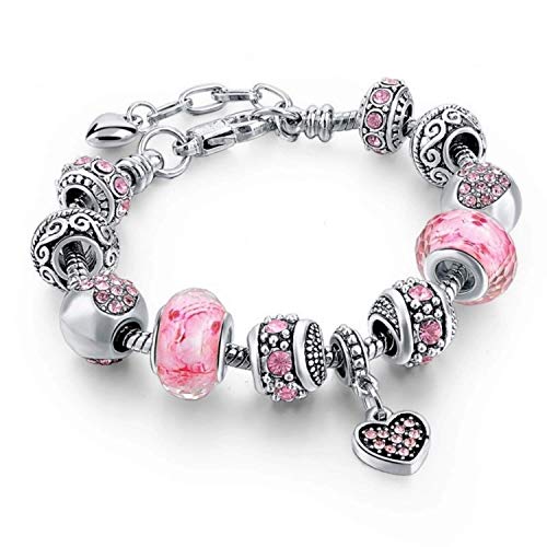 Capital Charms Pink Hearts Silver Plated Charm Bracelet Set, Jewelry Gifts with Beads, Charms, and Adjustable Snake Chain, Fits 7.5'+1.5'