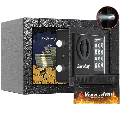 Voncabay Money Safe Box for Home with Sensor Light & Fireproof Security Safe Box for Money Safe with Keys & Pass Code, Lock Box Fireproof Safe with Digital Keypad