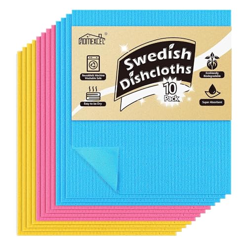 HOMEXCEL Swedish Dishcloths for Kitchen 10 Pack, Sponge Dish Cloth for Counters & Washing Dishes, Reusable and Absorbent Paper Towels, 3 Colors Assorted