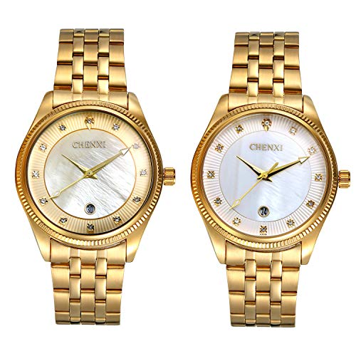 Men's Gold Watch [Upgraded] Japan Quartz Movement Rhinestone Mother of Pearl Dial Calendar Date 30M Waterproof Stainless Steel Band Business Casual Dress Wrist Watch - 2 Pack