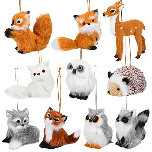 Skylety 10 Pieces Woodland Animal Christmas Ornaments Faux Fur Plush Animal Hanging Ornaments for Christmas Tree Keychain Backpack Hanging Home Party Decoration (Animals)