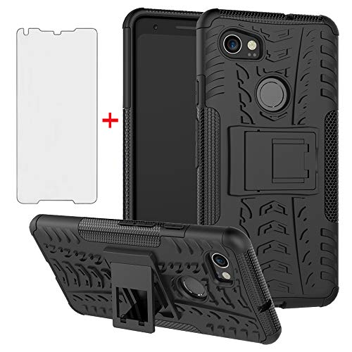 Phone Case for Google Pixel 2XL with Tempered Glass Screen Protector Cover and Stand Kickstand Hard Rugged Hybrid Protective Cell Accessories Pixle 2 XL Pixel2XL Pixel2 LX Cases Girls Women Men Black
