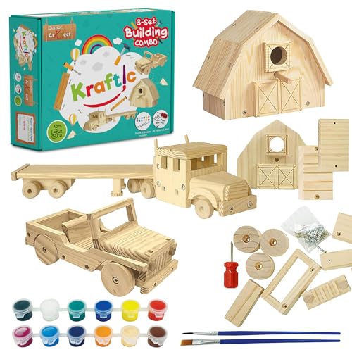 Kraftic Woodworking Building Kit for Kids and Adults, Set of 3 Educational DIY Carpentry Construction Wood Model Kit Toy Projects for Boys and Girls - Off-Road Vehicle, Flatbed Truck, Barn Birdhouse