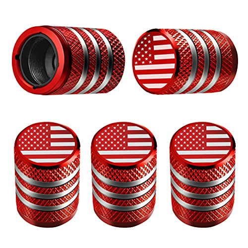 Tire Valve Stem Cap Cover - (5 Pack) Tire Air Cap Metal with Plastic Liner Corrosion Resistant Leak-Proof American Flag for Car Truck Motorcycle Bike Red