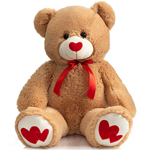 HollyHOME Big Teddy Bear Stuffed Animal Large Bear Plush with Red Heart for Girlfriend and Kids Valentine's Day 36 inch Tan