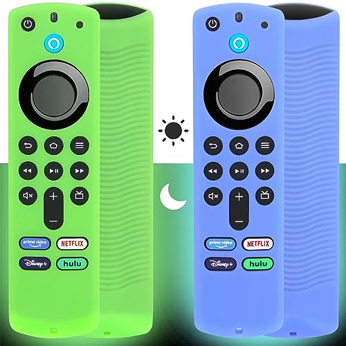 [2 Pack] Pinowu Firestick Remote Cover Case (Glow in The Dark) Compatible with Firetv Stick Alexa Voice Remote 3rd Gen, Silicone Sleeve with Wrist Strap (Green & Blue)