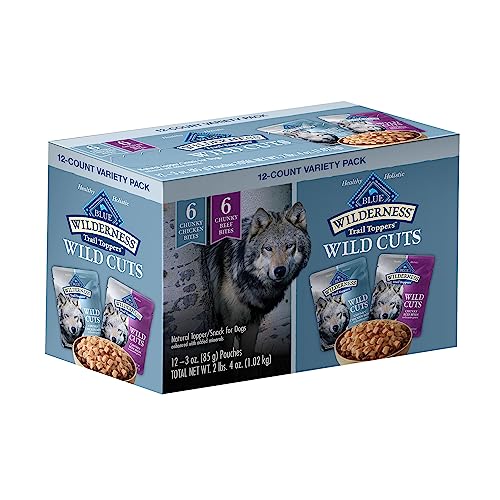 Blue Buffalo Wilderness Trail Toppers Wild Cuts Wet Dog Food Variety Pack, High-Protein & Grain-Free, Made with Natural Ingredients, Chicken and Beef Flavors, 3-oz. Pouches, (12 Count, 6 of Each)