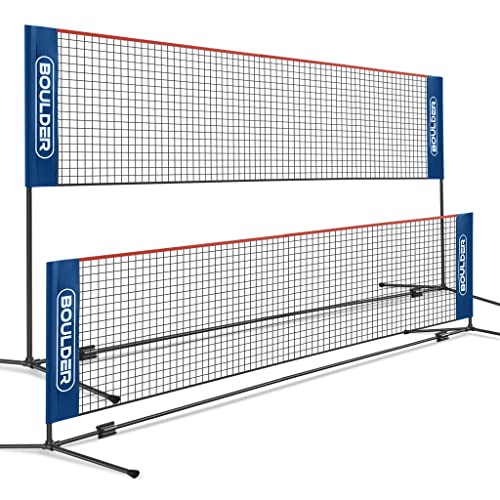 BOULDER Portable Badminton Net Set - for Tennis, Soccer Tennis, Pickleball, Kids Volleyball - Easy Setup Nylon Sports Net with Poles (Blue/Red, 14 FT)