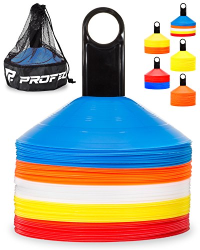 Pro Disc Cones (Set of 50) - Agility Soccer Cones with Carry Bag and Holder for Sports Training, Football, Basketball, Coaching, Practice Equipment, Kids - Includes 15 Best Drills Book (Multi-Color)